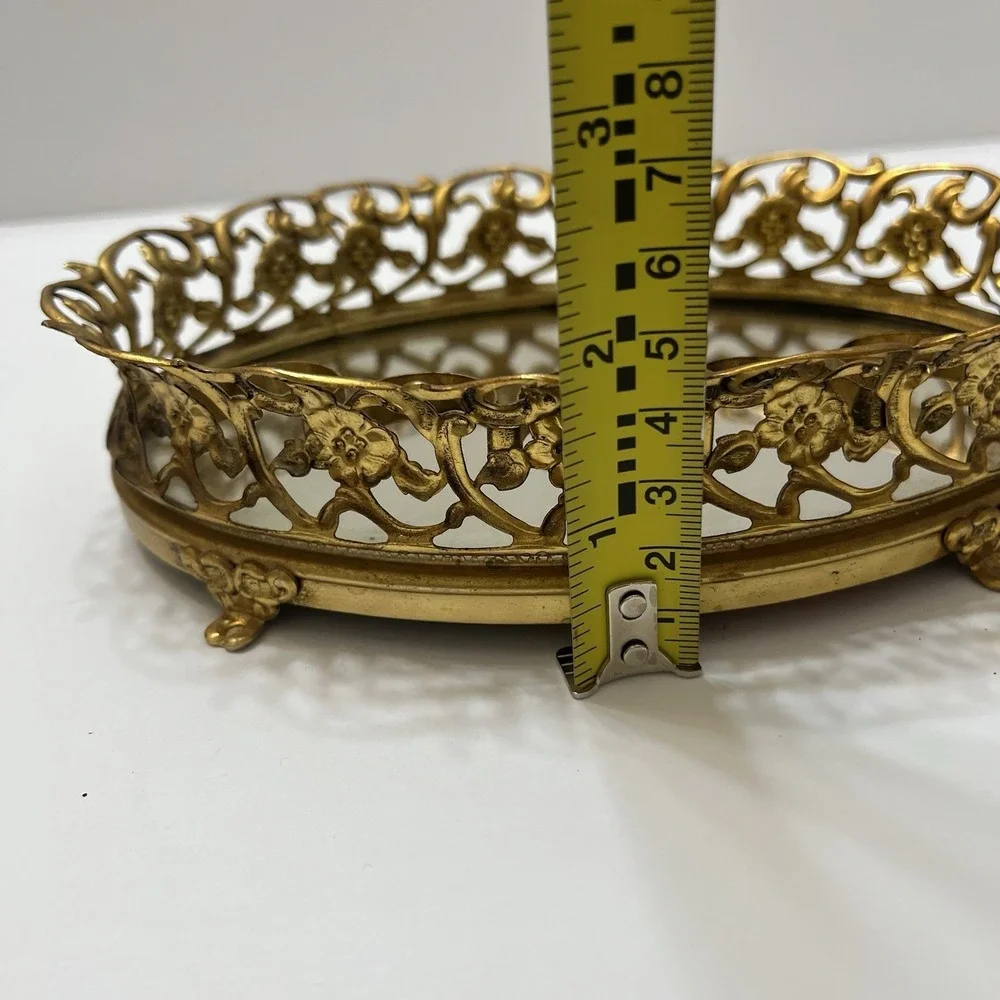 Vintage Gold-Tone Filigree Oval Mirrored Vanity Tray W/ Lipstick Holders Footed